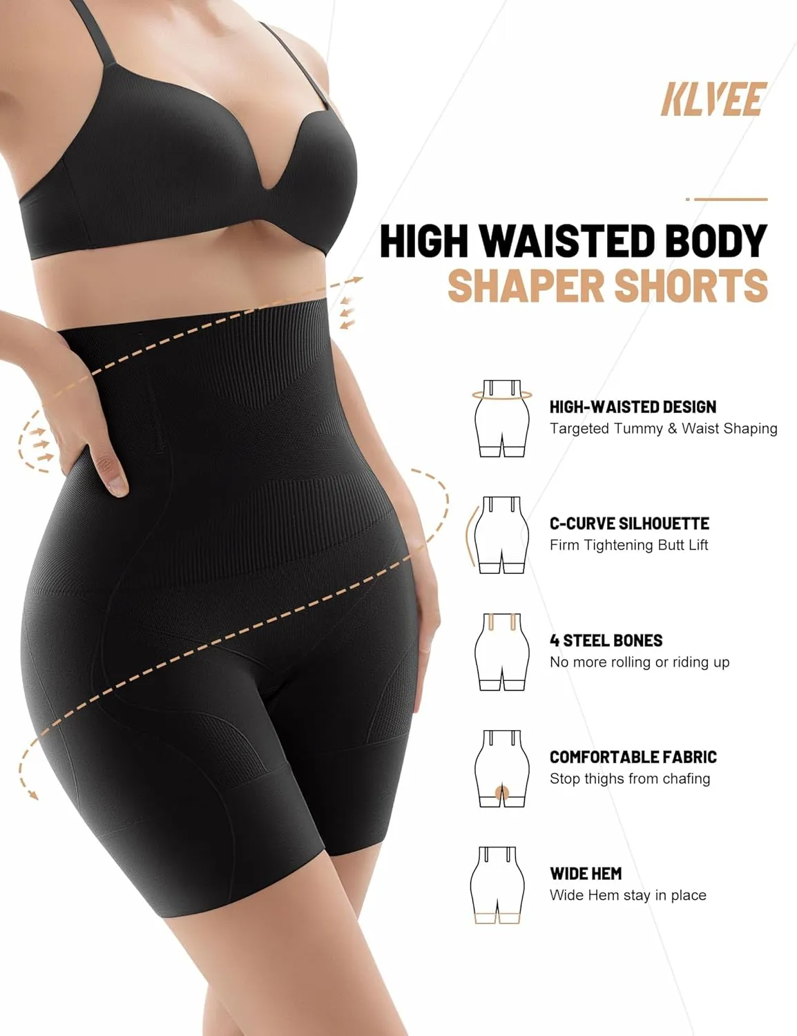KLVEE Shapewear for Women Tummy Control, High Waisted Body Shaper Shorts Butt Lifting Thigh Slimmer Shapewear Under Dress