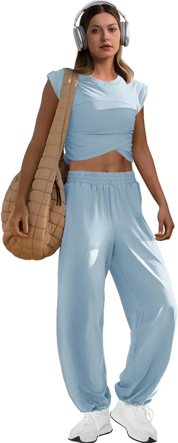 LAMISSCHE Womens Loungewear Set 2 Piece Outfits Sets Cropped Tops and Wide Leg Pants with Pockets Tracksuit