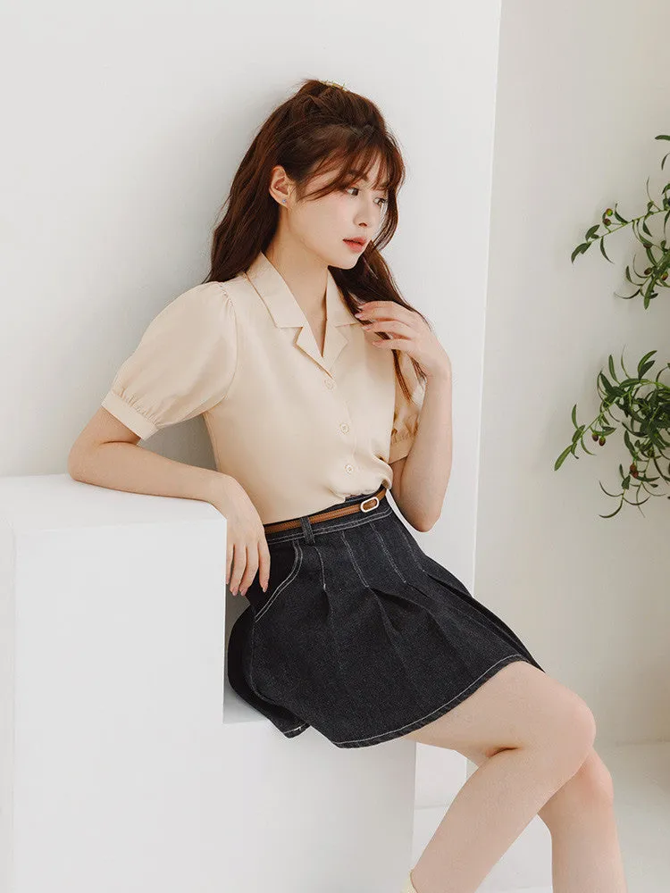 Lapel Collar Puff Sleeve Chiffon Shirt Top