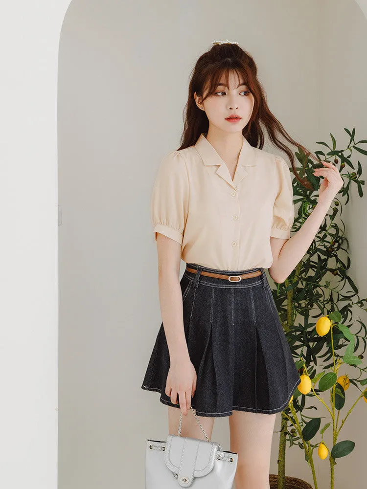Lapel Collar Puff Sleeve Chiffon Shirt Top