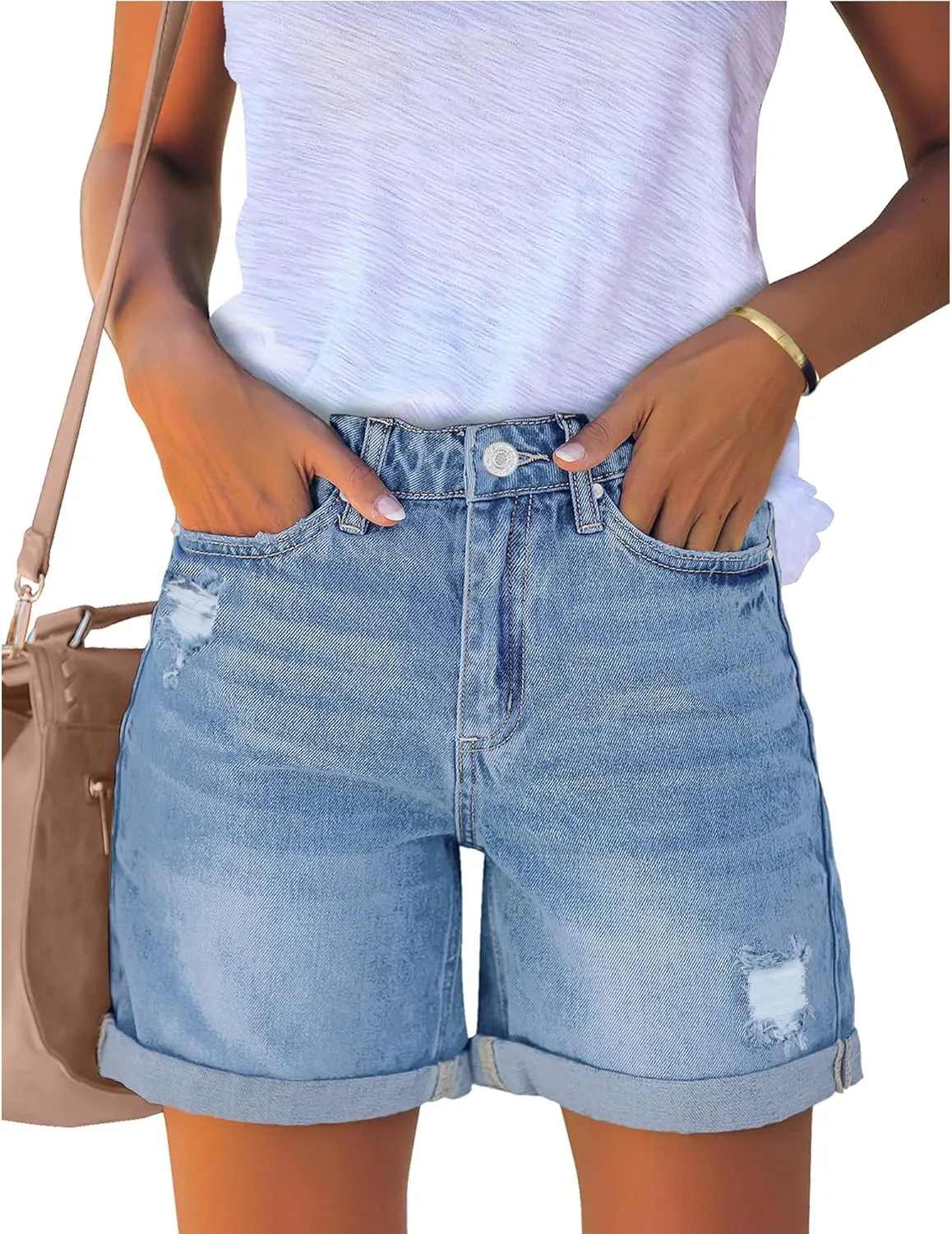 luvamia Women's Casual Ripped Denim Shorts High Rise Distressed Rolled Hem Jeans Shorts