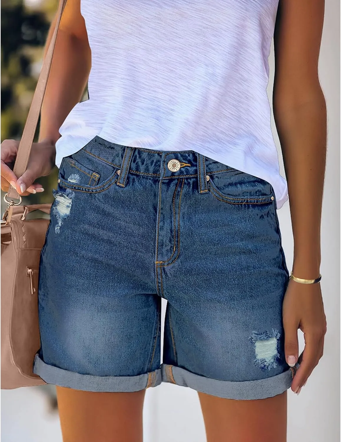 luvamia Women's Casual Ripped Denim Shorts High Rise Distressed Rolled Hem Jeans Shorts