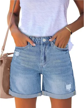 luvamia Women's Casual Ripped Denim Shorts High Rise Distressed Rolled Hem Jeans Shorts