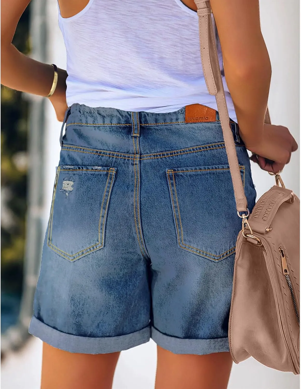luvamia Women's Casual Ripped Denim Shorts High Rise Distressed Rolled Hem Jeans Shorts