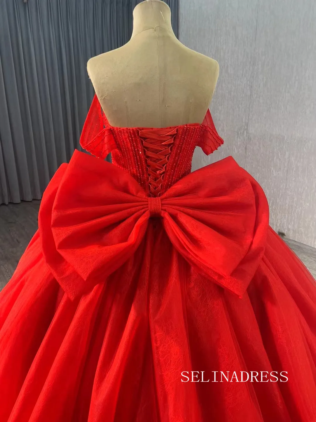 Luxury Red Ball Gown Wedding Dress Off-the-shoulder Beaded Long Formal Dresses Evening Dress 241075