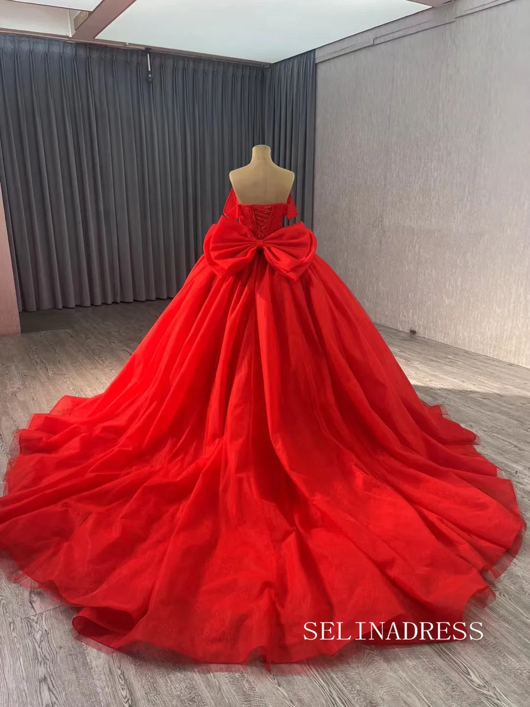 Luxury Red Ball Gown Wedding Dress Off-the-shoulder Beaded Long Formal Dresses Evening Dress 241075