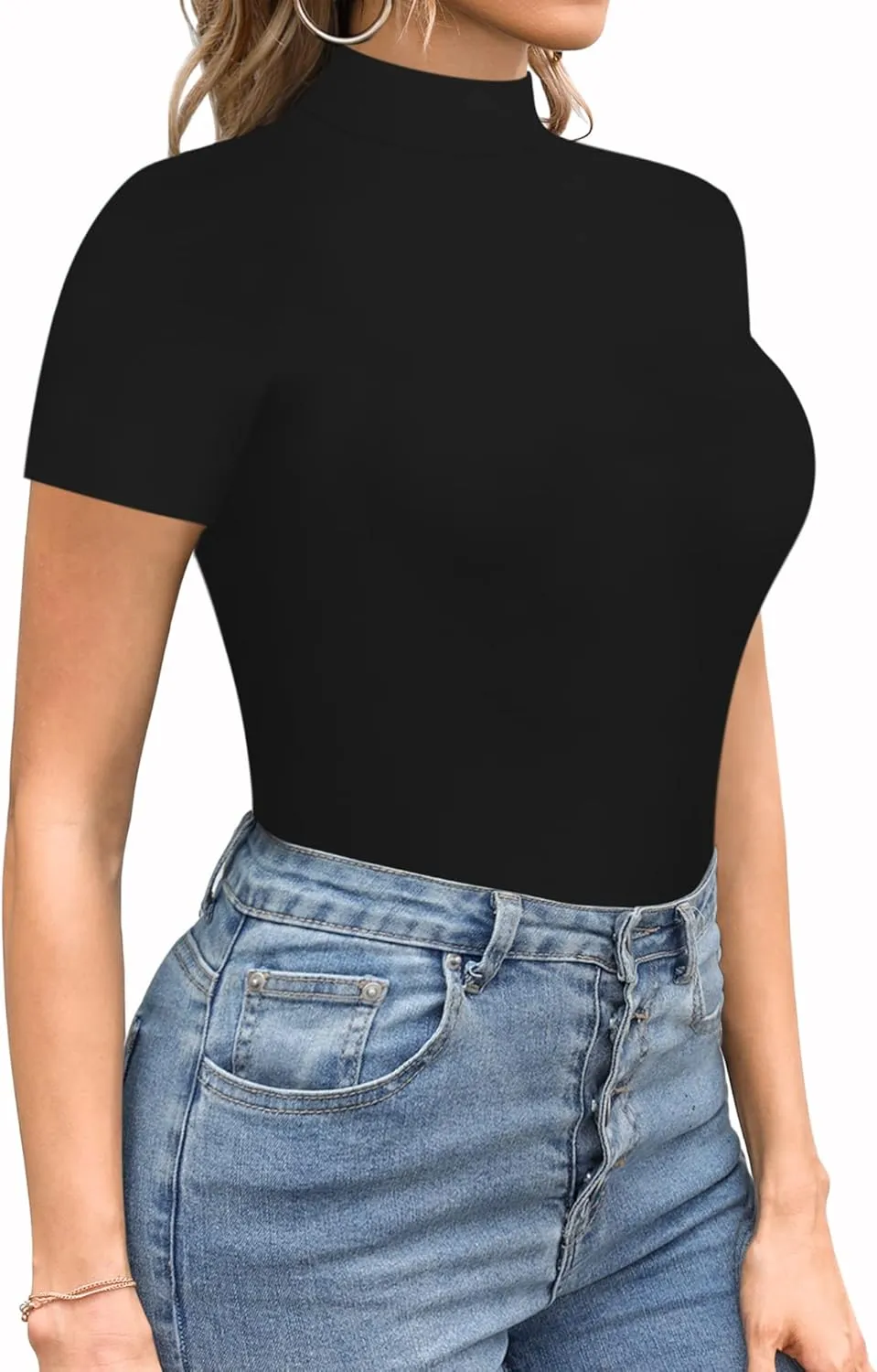 MANGOPOP Women's Mock Turtle Neck Body Suits Short Sleeve Bodysuit Basic T shirts Leotard Clothing