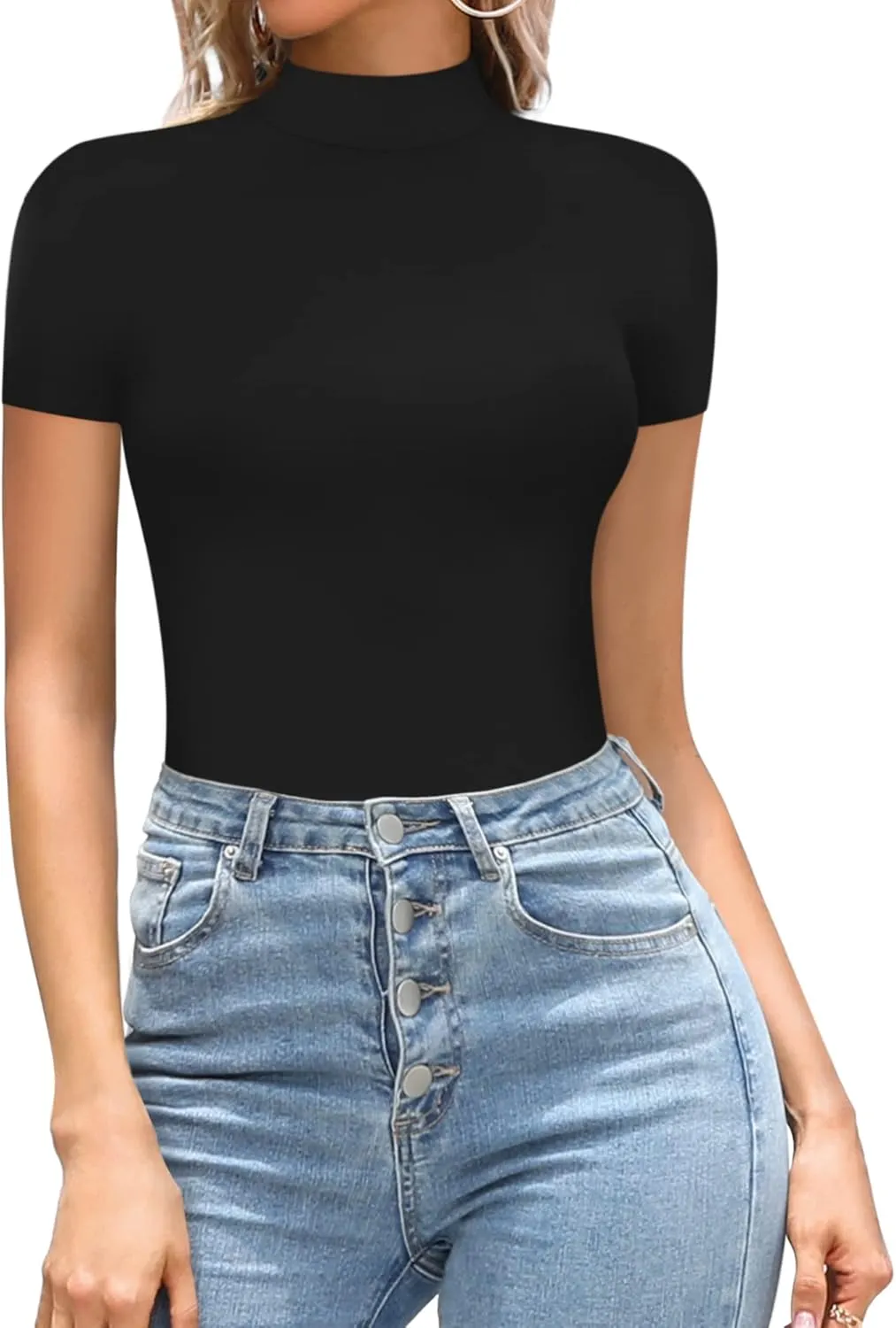 MANGOPOP Women's Mock Turtle Neck Body Suits Short Sleeve Bodysuit Basic T shirts Leotard Clothing