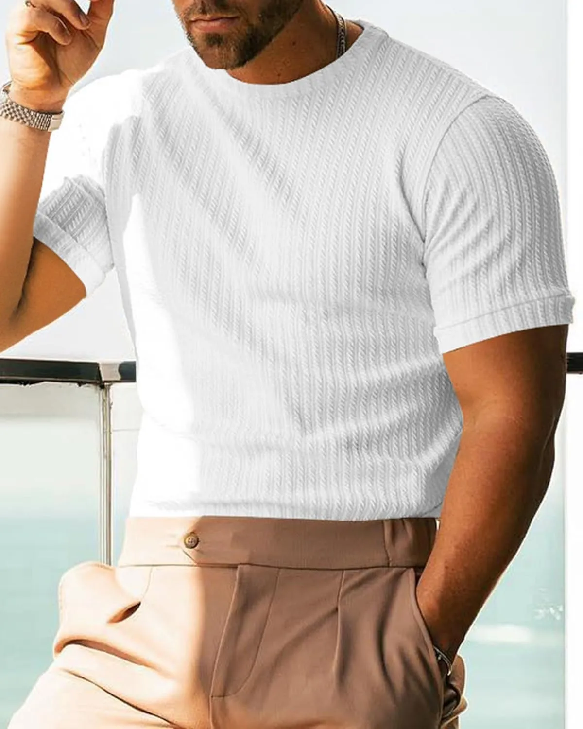 Men's Ribbed Knit T-Shirts Short Sleeve Casual Crewneck Slim Fit Textured Pullover Tees