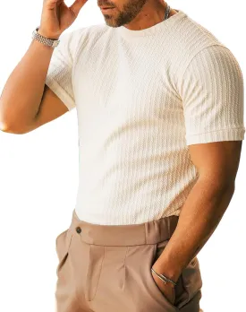 Men's Ribbed Knit T-Shirts Short Sleeve Casual Crewneck Slim Fit Textured Pullover Tees