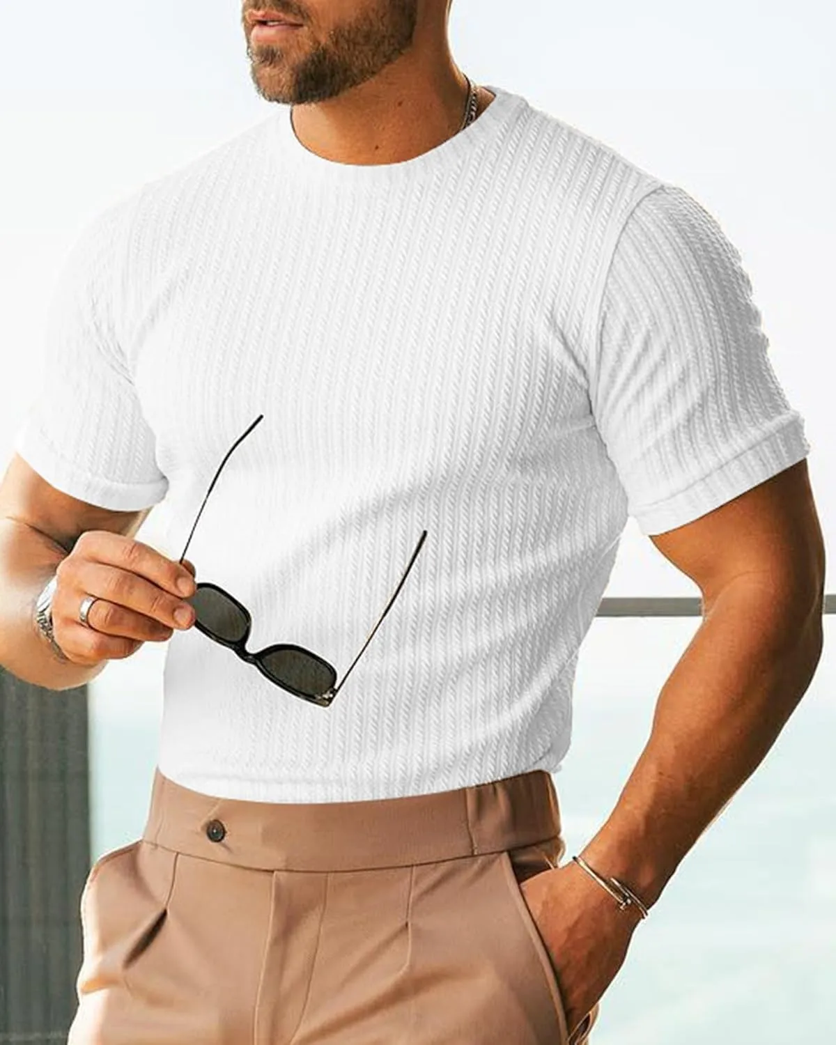 Men's Ribbed Knit T-Shirts Short Sleeve Casual Crewneck Slim Fit Textured Pullover Tees