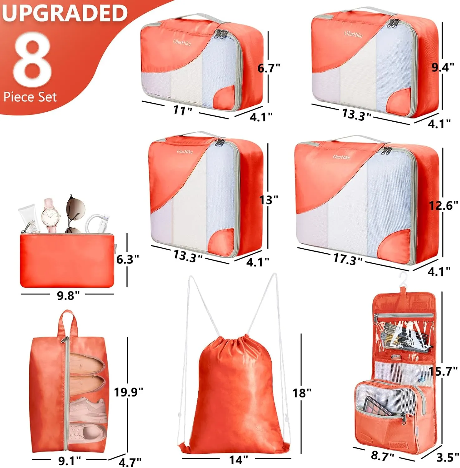 OlarHike 8 Set Packing Cubes for Travel, 4 Various Sizes(Extra Large,Large,Medium,Small), Luggage Organizer Bags for Trip Accessories Essentials,Cubes for Carry on Suitcases (Orange)
