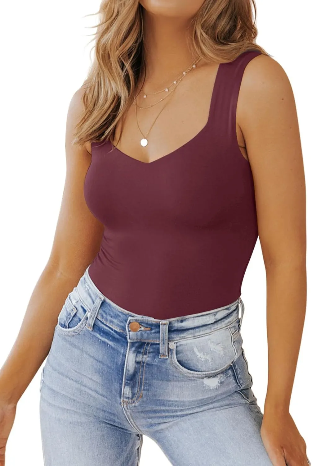 PINKMSTYLE Women's Basic Double Lined V Neck Tank Tops Sleeveless Shirts Slimming Summer Tops