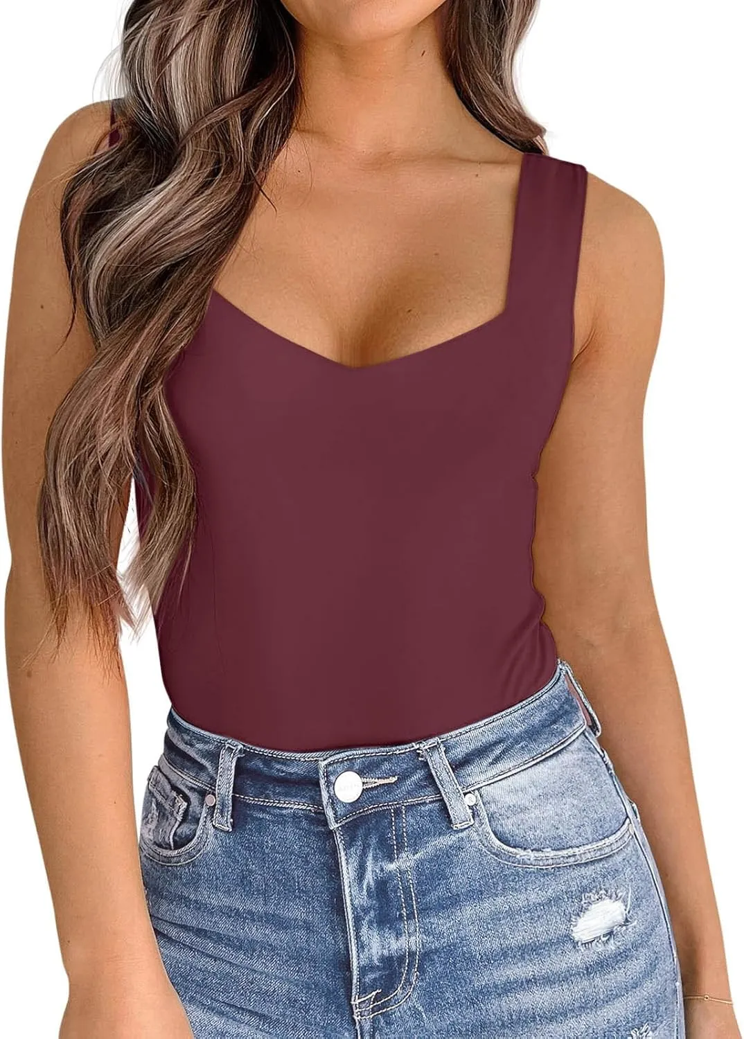 PINKMSTYLE Women's Basic Double Lined V Neck Tank Tops Sleeveless Shirts Slimming Summer Tops