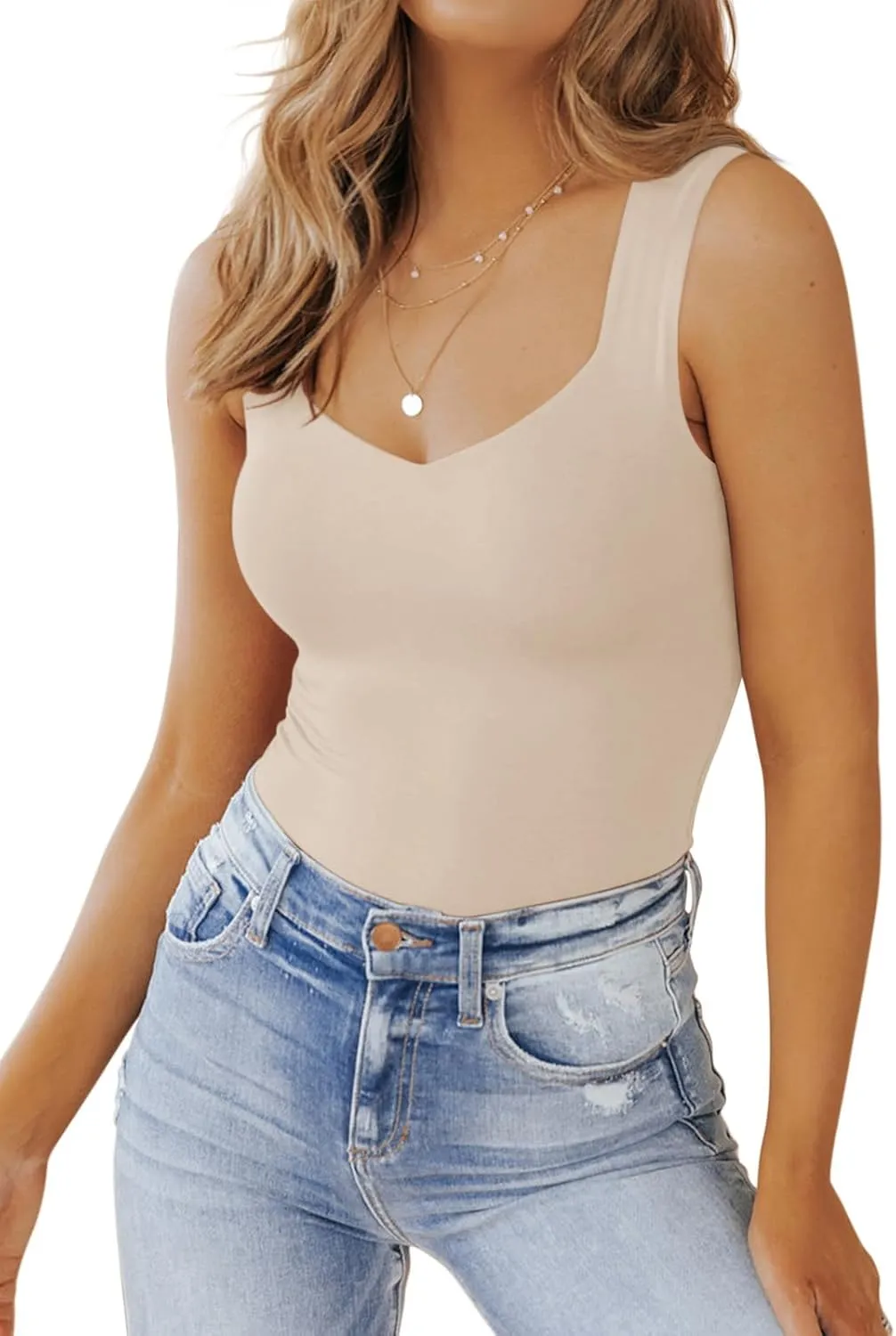 PINKMSTYLE Women's Basic Double Lined V Neck Tank Tops Sleeveless Shirts Slimming Summer Tops