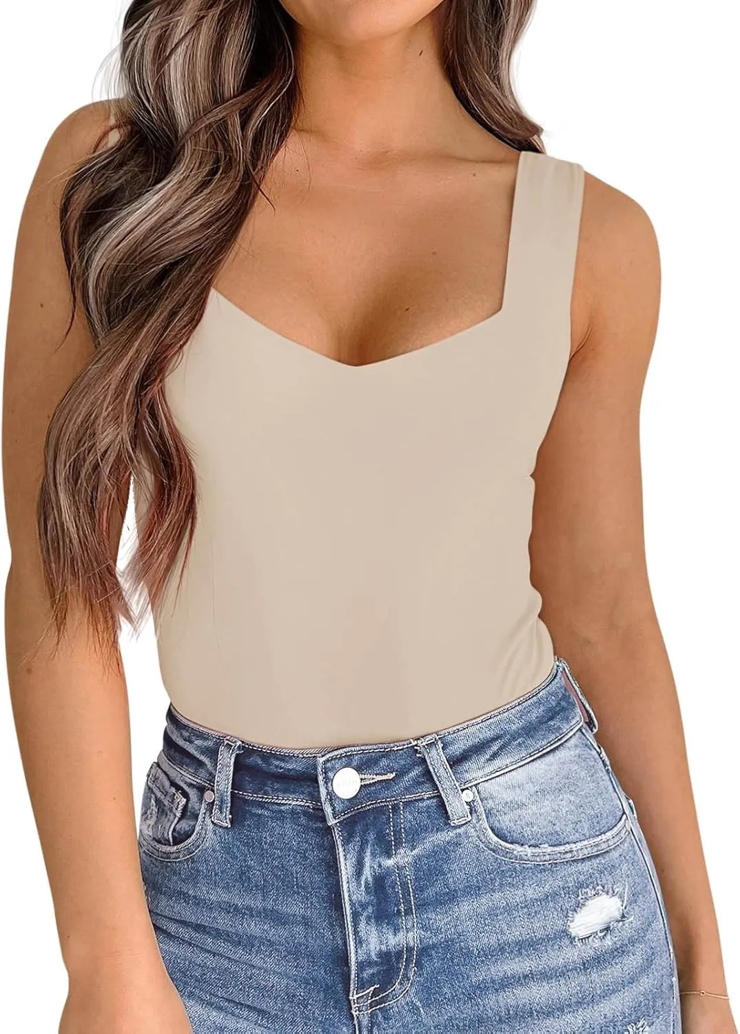 PINKMSTYLE Women's Basic Double Lined V Neck Tank Tops Sleeveless Shirts Slimming Summer Tops