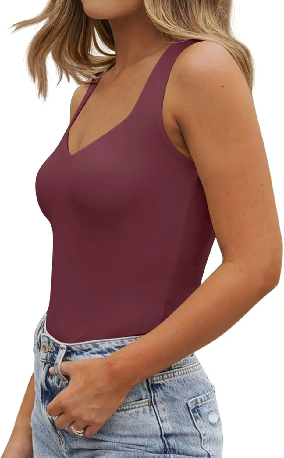 PINKMSTYLE Women's Basic Double Lined V Neck Tank Tops Sleeveless Shirts Slimming Summer Tops