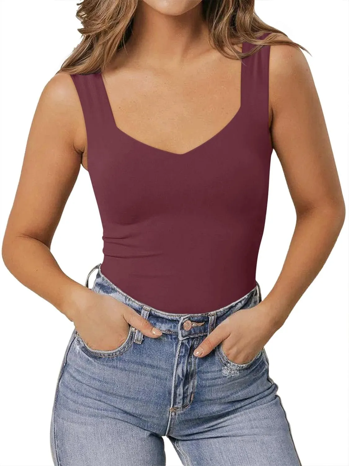 PINKMSTYLE Women's Basic Double Lined V Neck Tank Tops Sleeveless Shirts Slimming Summer Tops