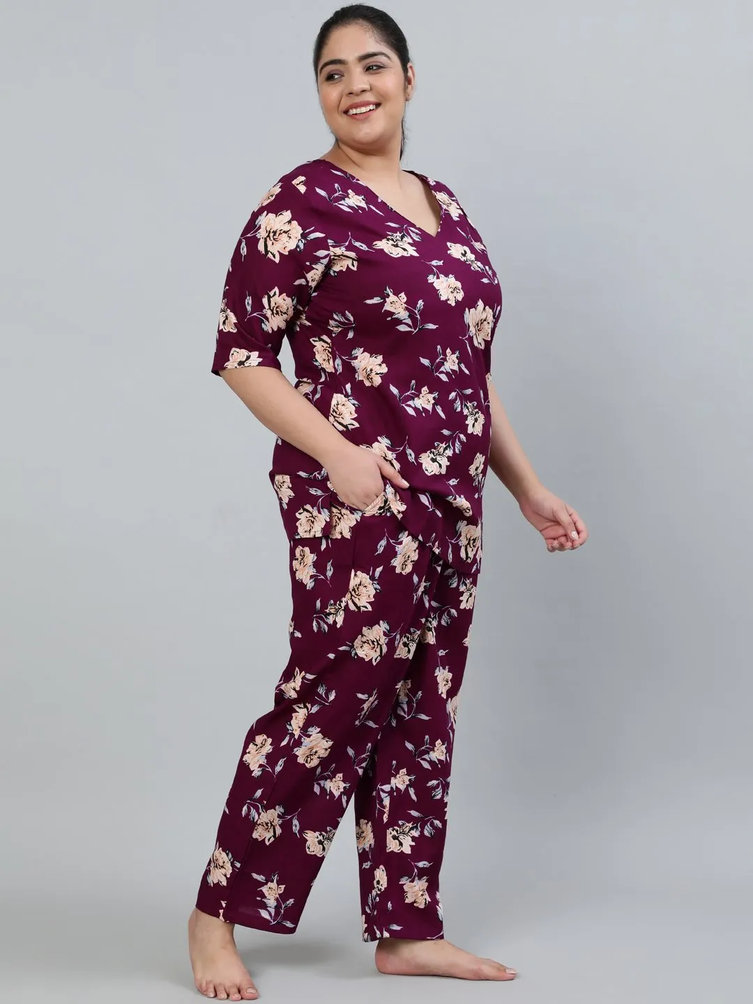 Plus Size Women Burgundy Floral Printed Night Suit With Half Sleeves