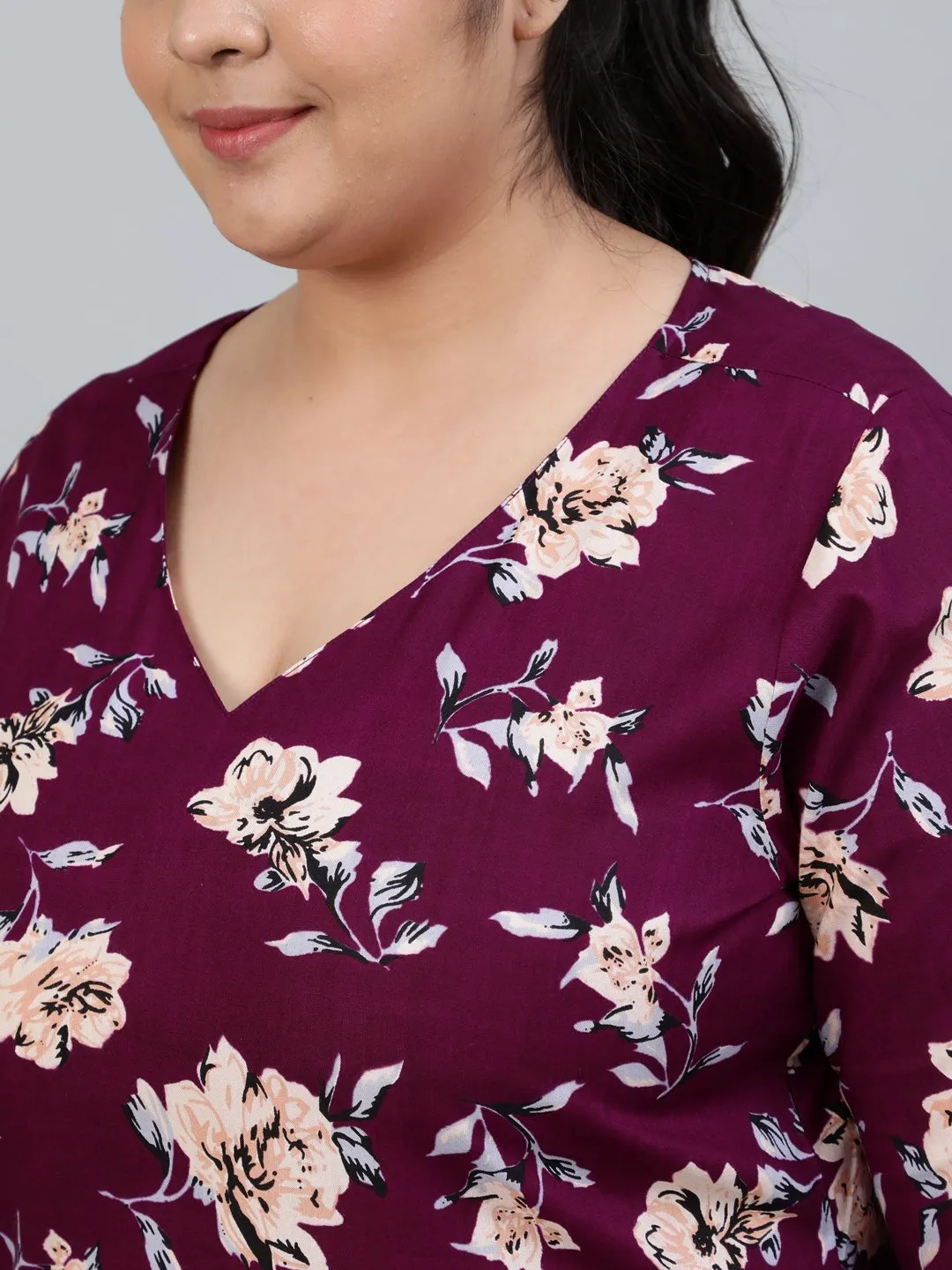 Plus Size Women Burgundy Floral Printed Night Suit With Half Sleeves