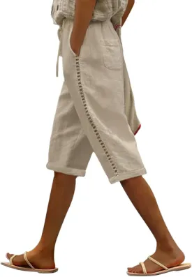 Puimentiua Women Linen Shorts Casual Knee Length Bermuda Shorts with Hollow Side Summer Beach Lightweight Capri Pants