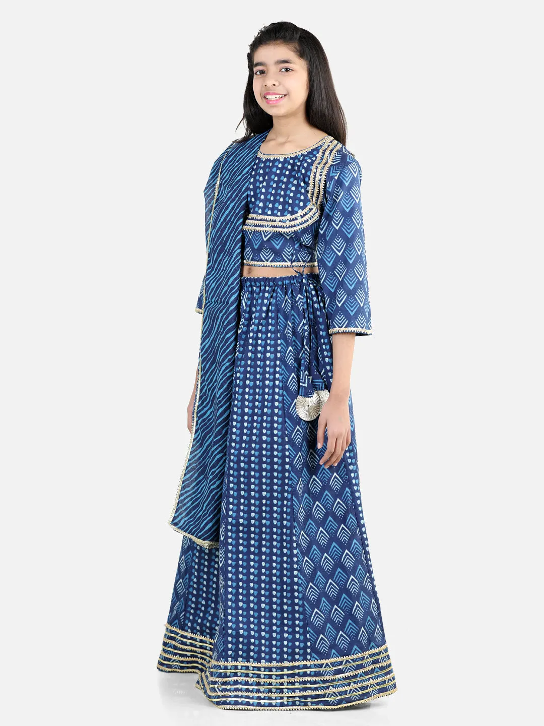 Pure Cotton Printed Lehenga Choli Dupatta Set for Girls- Blue