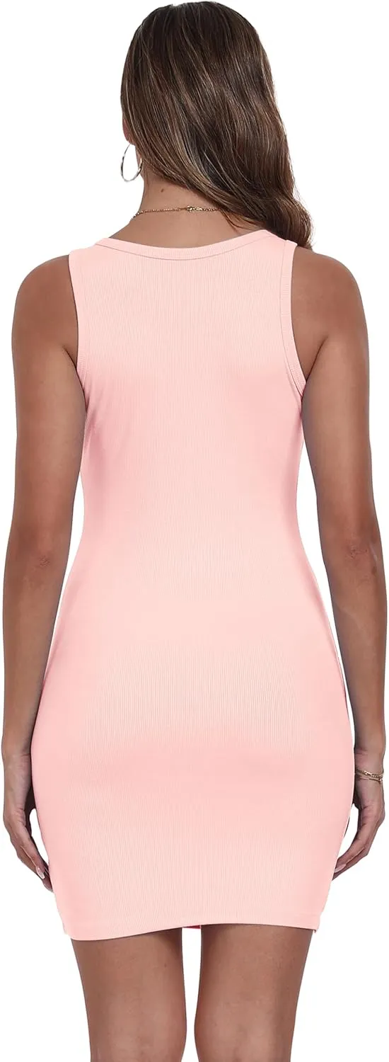 Qaffier Women's Mini Dress Summer Tank Dress Ribbed Crew Neck Sleeveless Basic Bodycon Mini Dresses