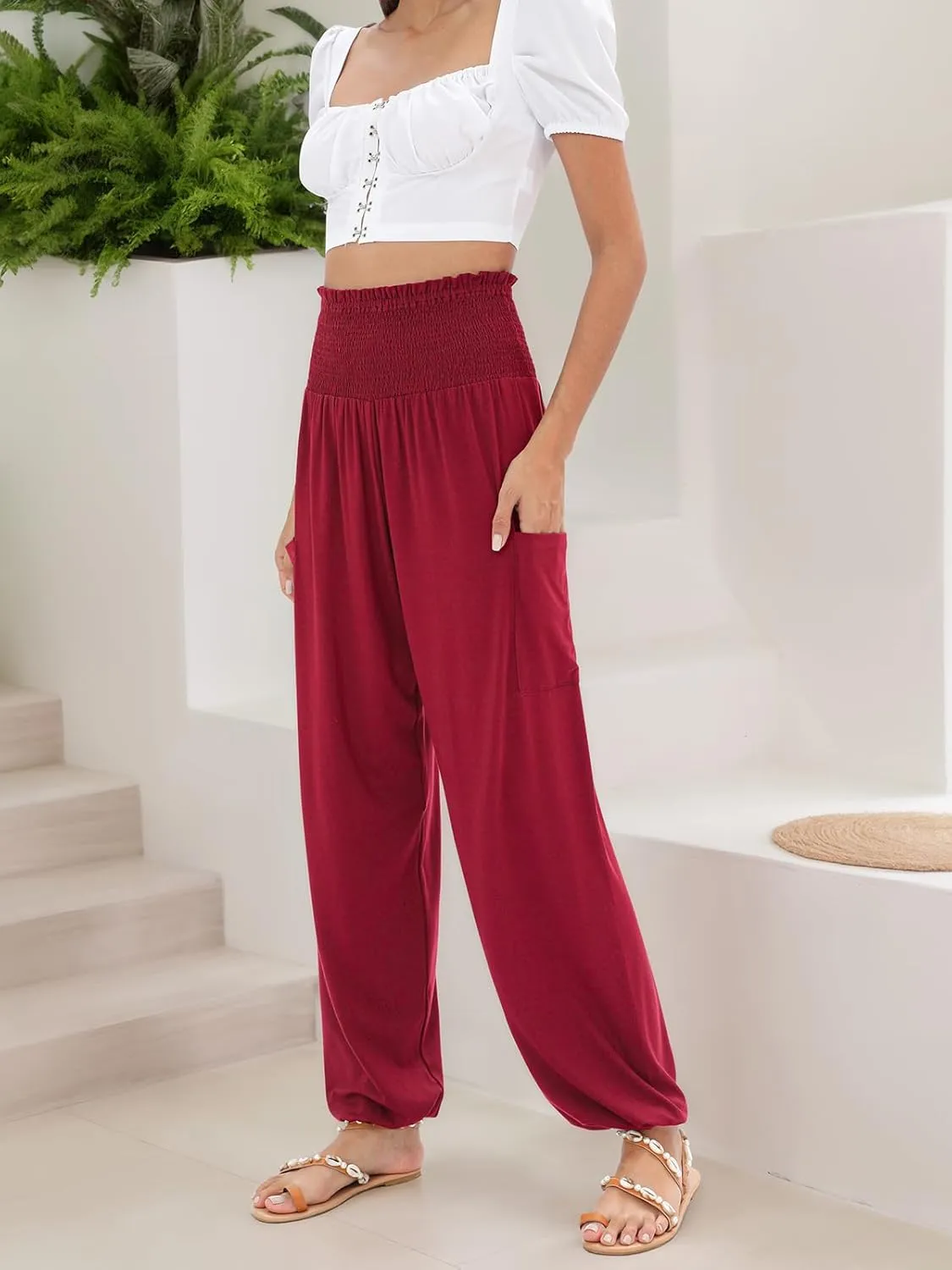 QIANXIZHAN Women's Harem Pants, High Waist Yoga Boho Trousers with Pockets