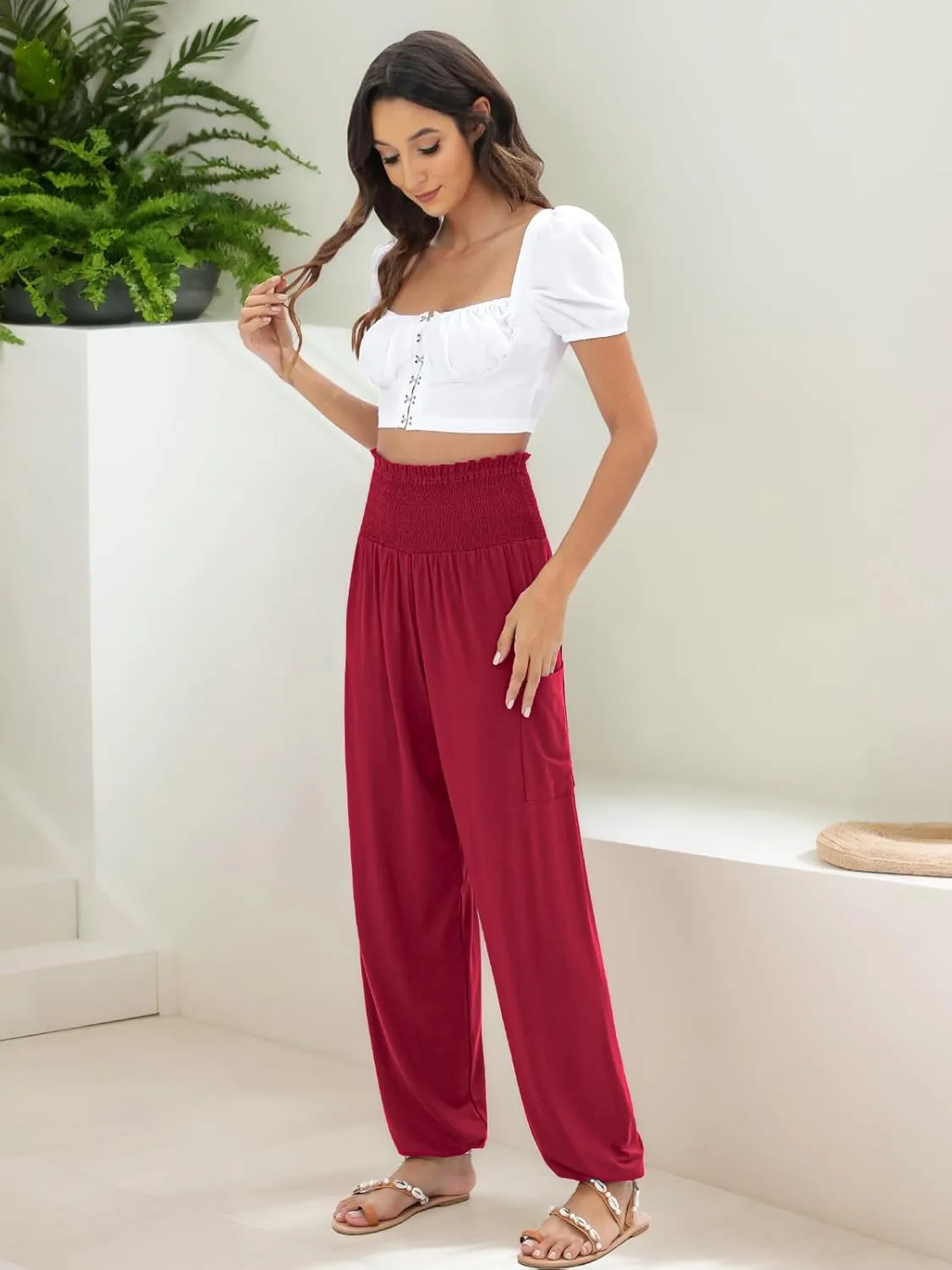 QIANXIZHAN Women's Harem Pants, High Waist Yoga Boho Trousers with Pockets