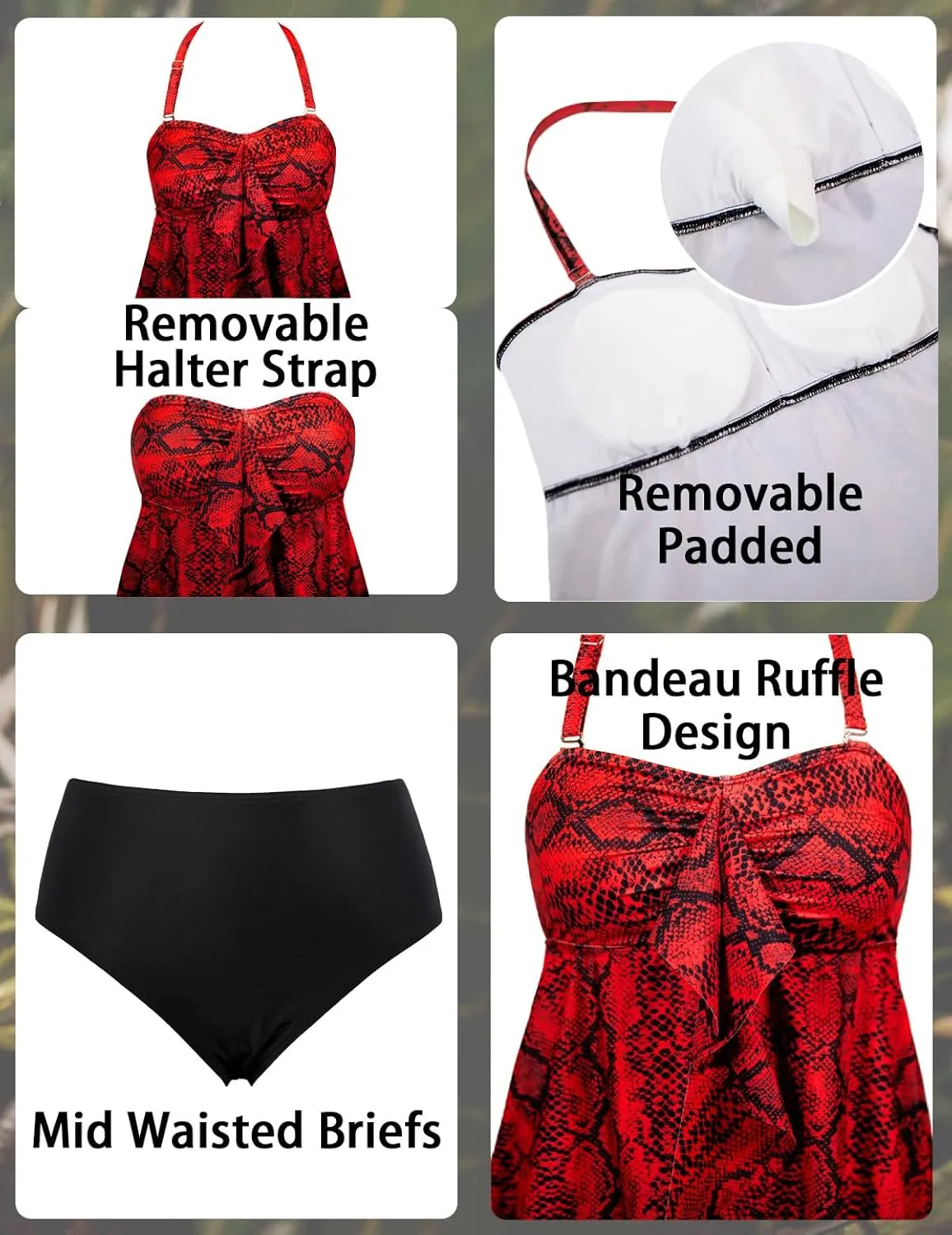 ROSEWE Two Piece Tankini Bathing Suits for Women, Removable Halter Flyaway Swimsuits, Bandeau Top with Briefs
