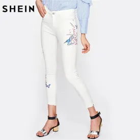 SHEIN Flower Blossom Embroidered Raw Hem Jeans Denim White Skinny Jeans Autumn Woman Zipper Fly High Waisted Jeans