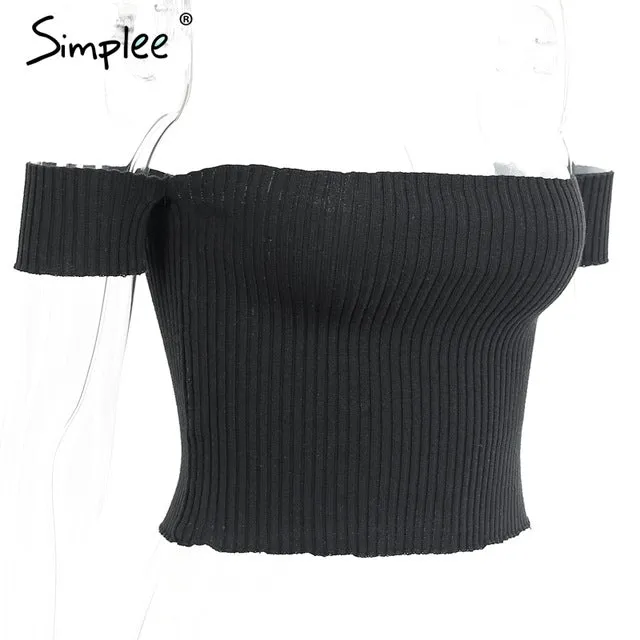 Simplee Sexy slash neck knitted top tees Women black short sleeve bustier crop top Party white tops tank slim female camisole