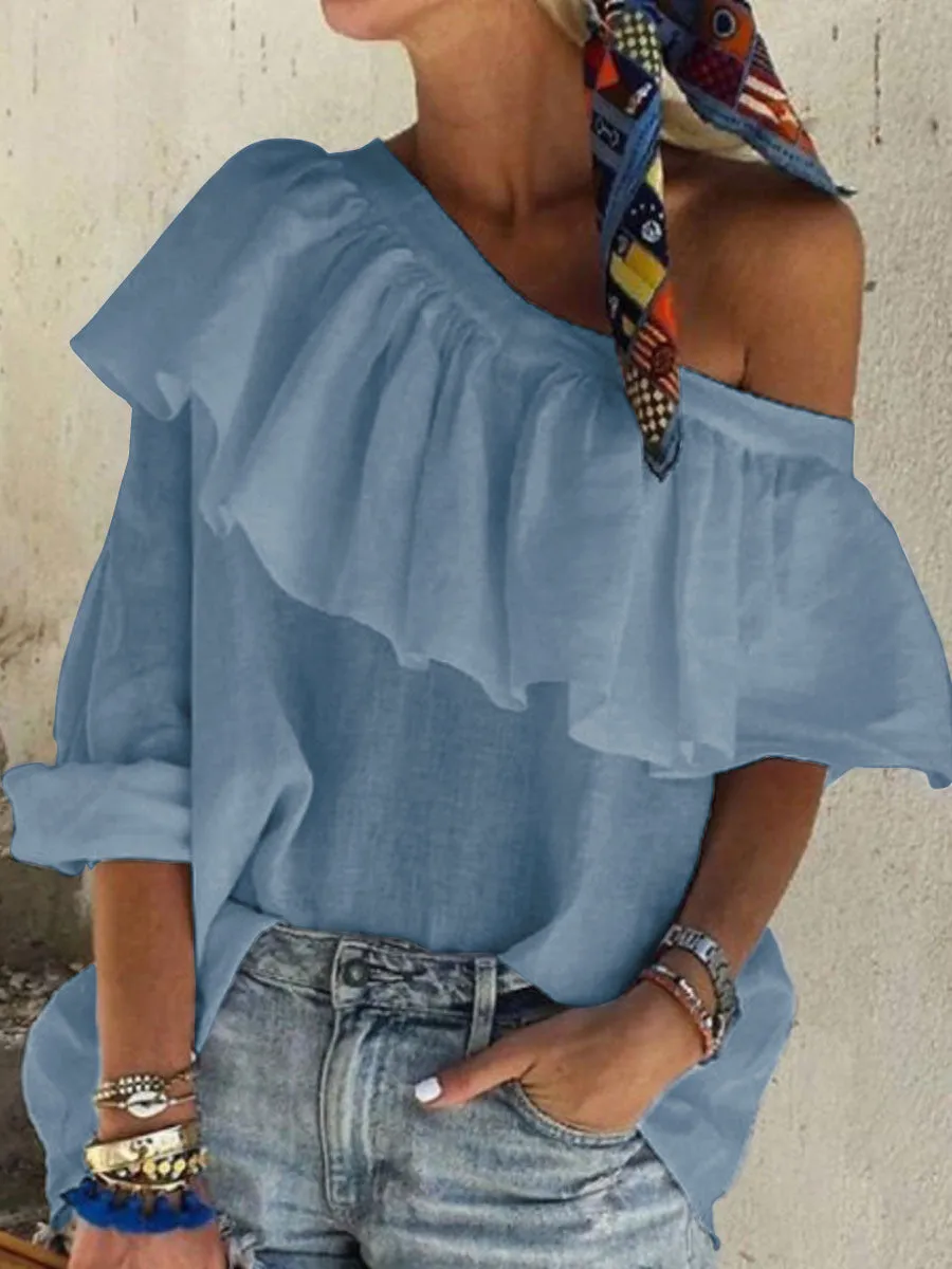 Solid Color Casual Ruffle Top