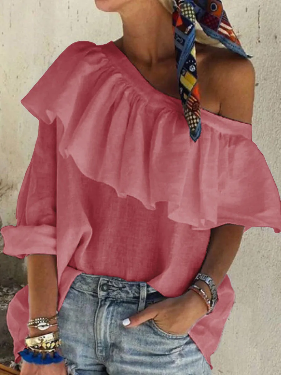Solid Color Casual Ruffle Top