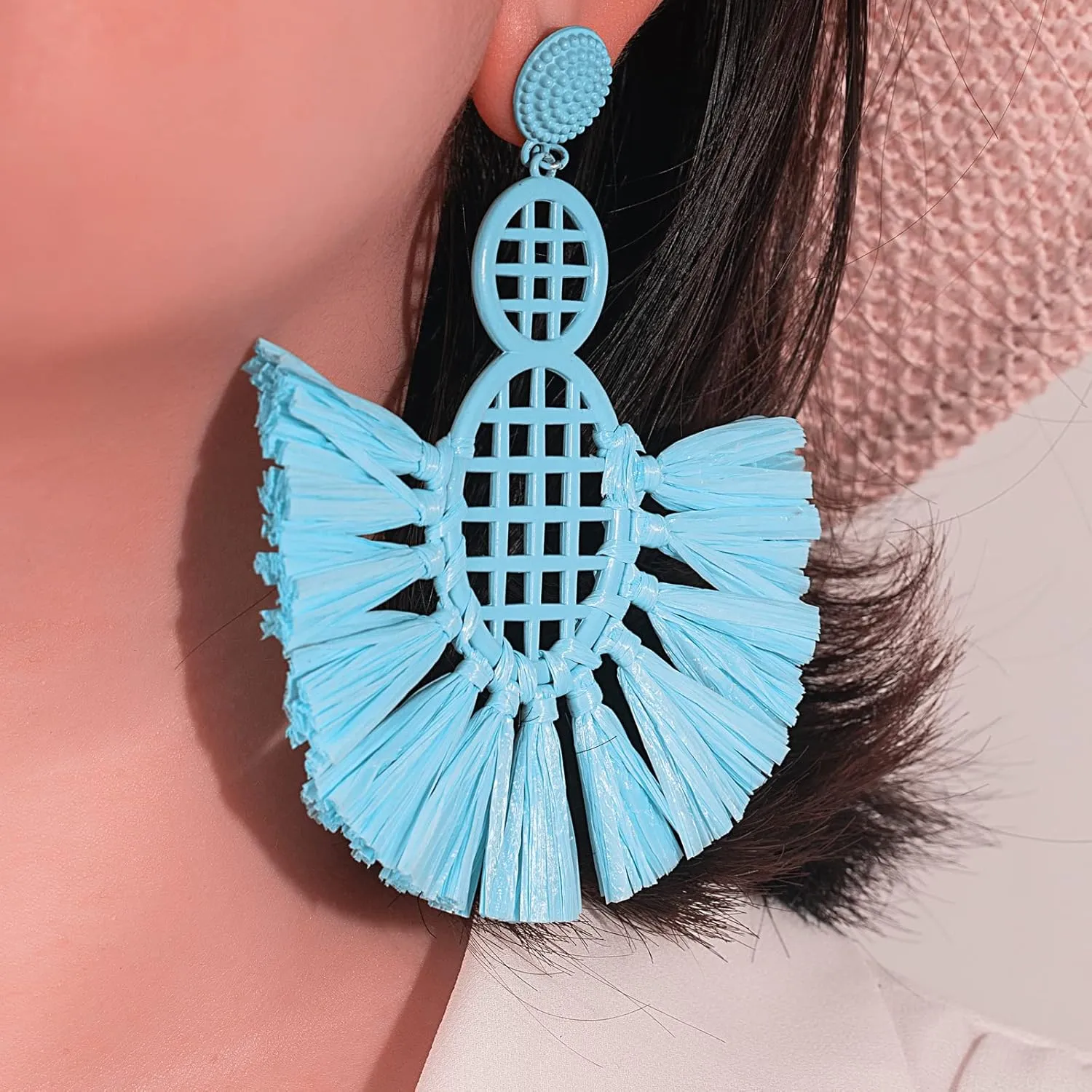 Statement Raffia Tassel Earrings Boho Dangle Drop Earrings Cute Fun Earrings Handmade Trendy Summer Beach Wedding Jewelry for Women