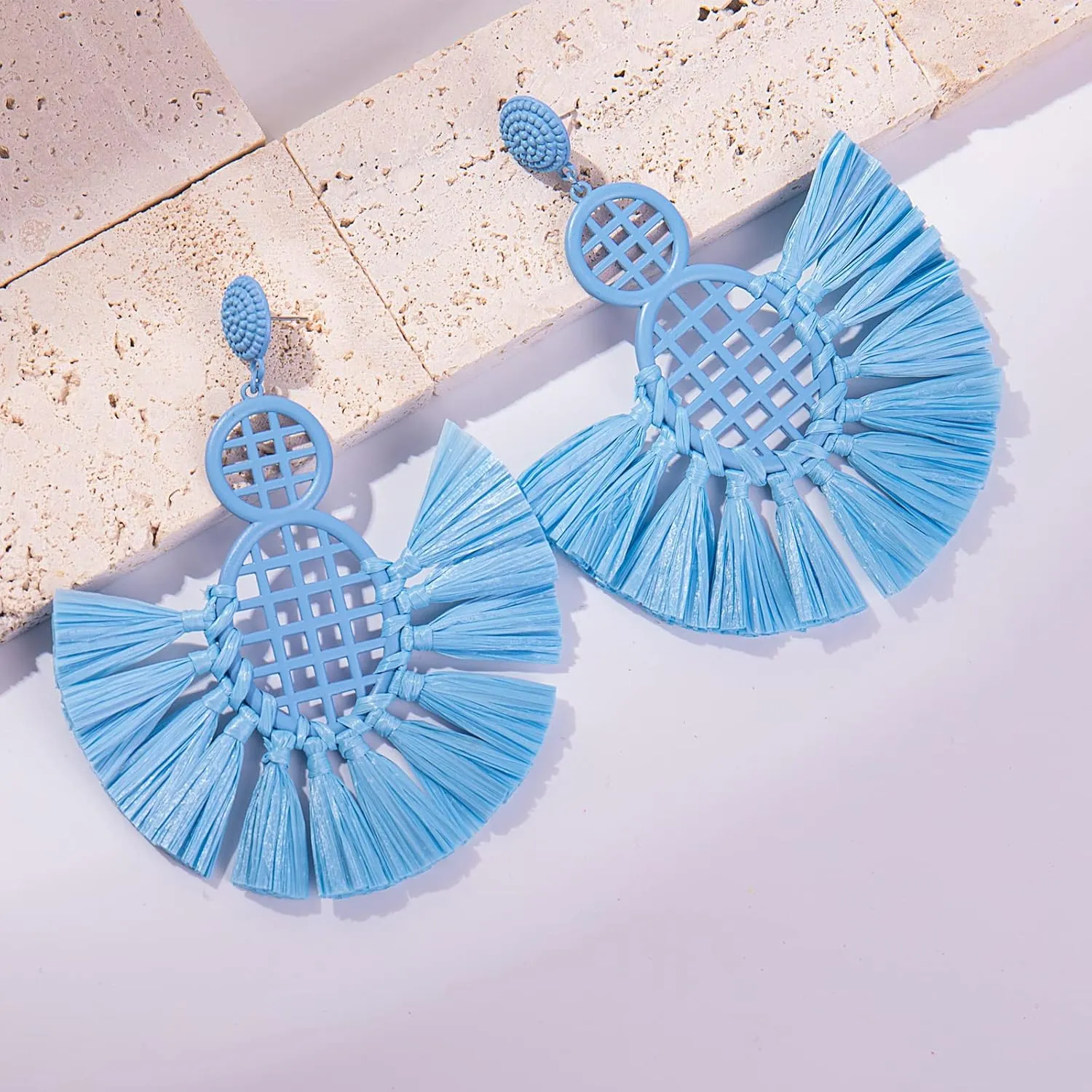 Statement Raffia Tassel Earrings Boho Dangle Drop Earrings Cute Fun Earrings Handmade Trendy Summer Beach Wedding Jewelry for Women