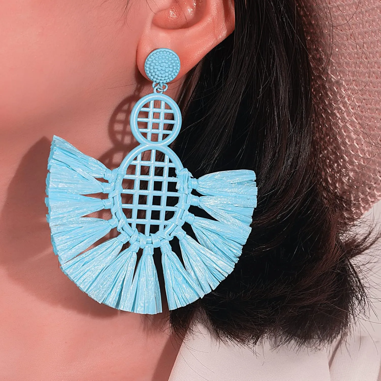 Statement Raffia Tassel Earrings Boho Dangle Drop Earrings Cute Fun Earrings Handmade Trendy Summer Beach Wedding Jewelry for Women