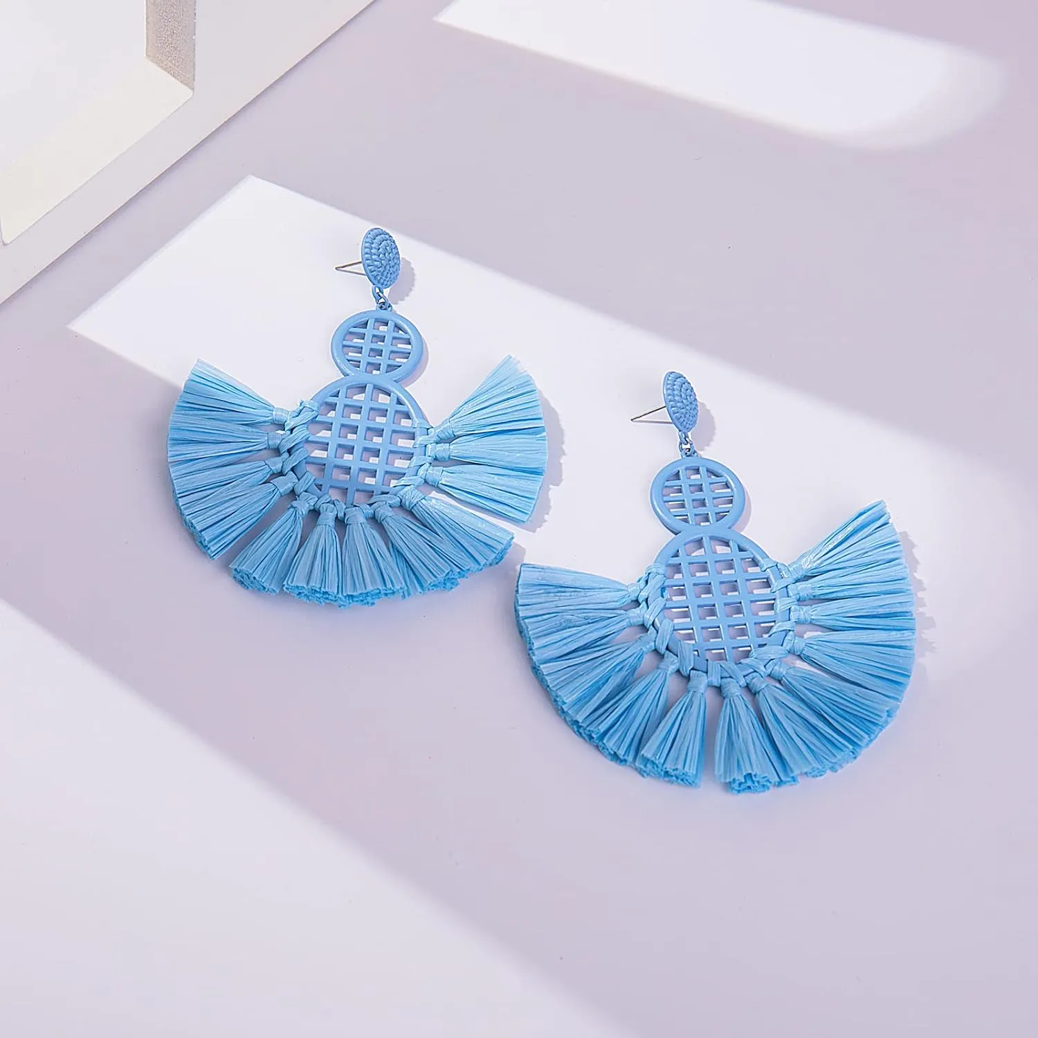 Statement Raffia Tassel Earrings Boho Dangle Drop Earrings Cute Fun Earrings Handmade Trendy Summer Beach Wedding Jewelry for Women