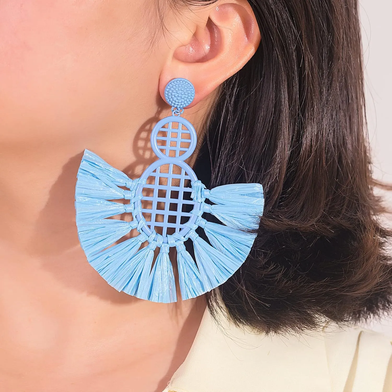 Statement Raffia Tassel Earrings Boho Dangle Drop Earrings Cute Fun Earrings Handmade Trendy Summer Beach Wedding Jewelry for Women