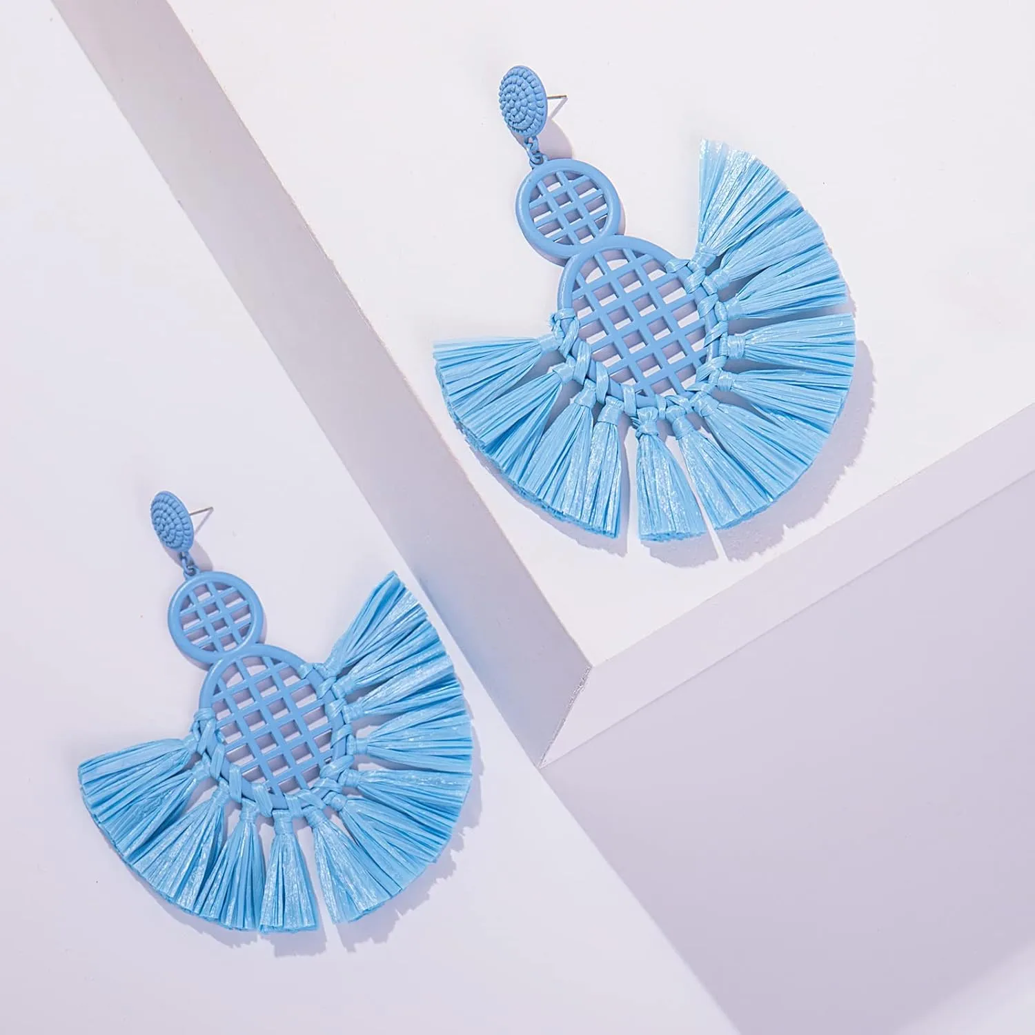 Statement Raffia Tassel Earrings Boho Dangle Drop Earrings Cute Fun Earrings Handmade Trendy Summer Beach Wedding Jewelry for Women