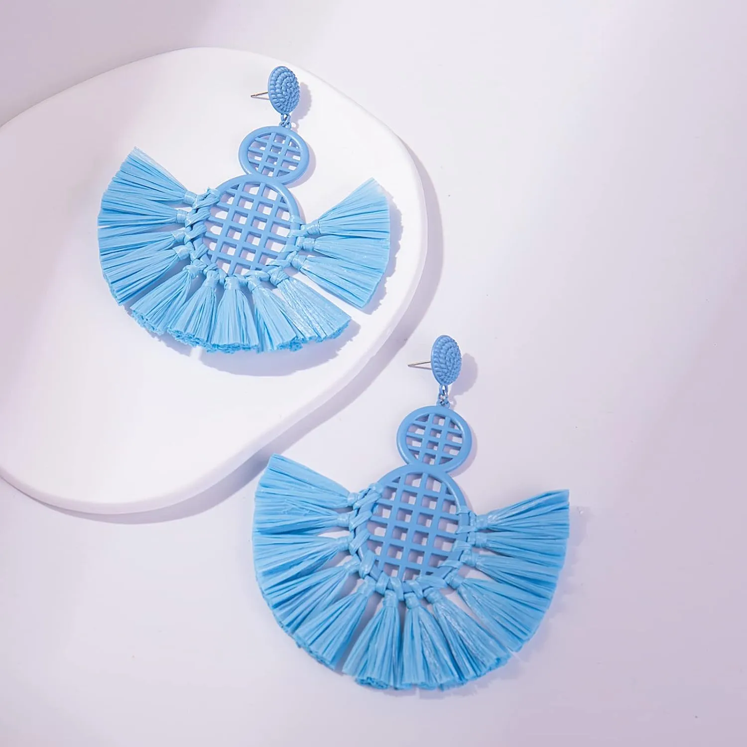 Statement Raffia Tassel Earrings Boho Dangle Drop Earrings Cute Fun Earrings Handmade Trendy Summer Beach Wedding Jewelry for Women