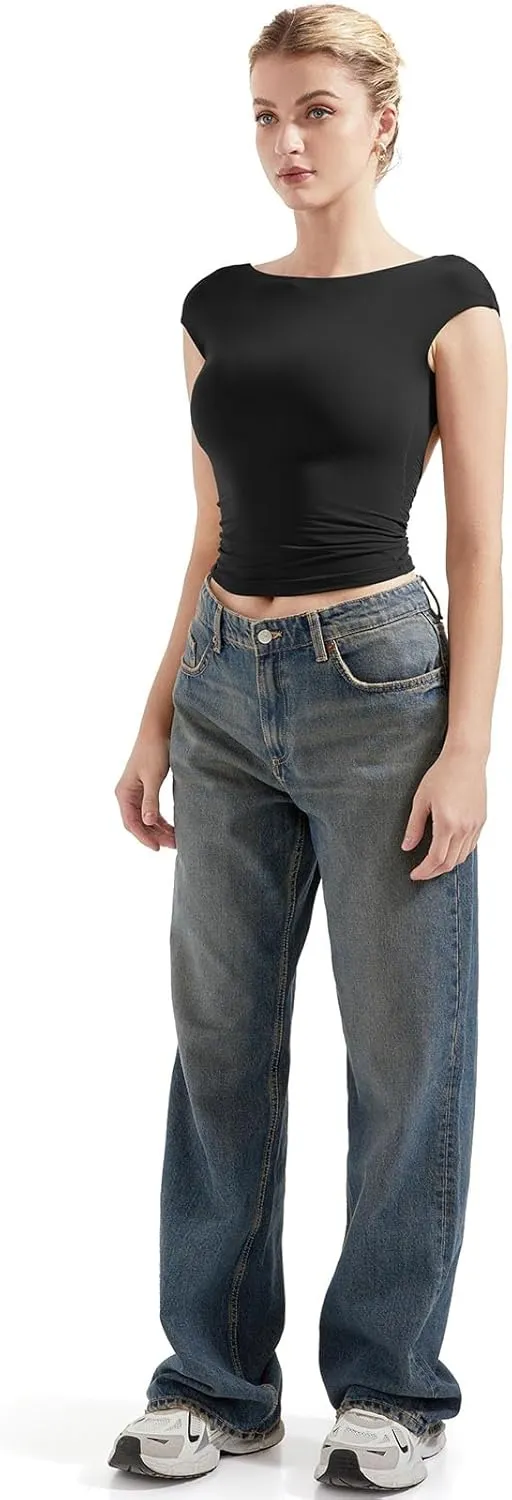 SUUKSESS Women Backless Sexy Going Out Tops Double Lined Open Back Y2k Basic Tee Shirts