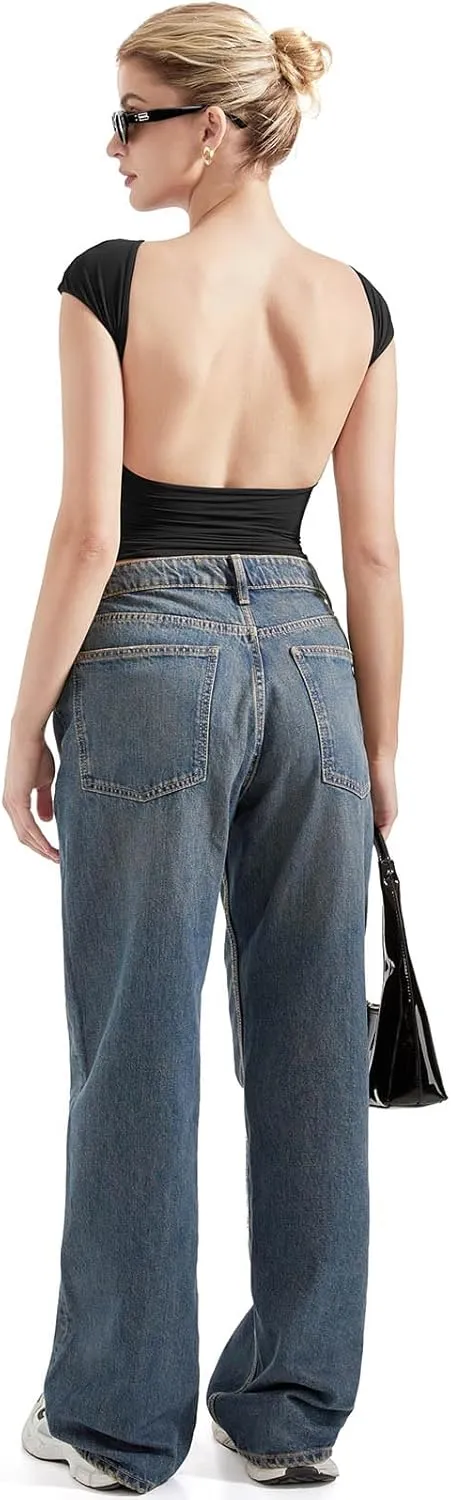 SUUKSESS Women Backless Sexy Going Out Tops Double Lined Open Back Y2k Basic Tee Shirts