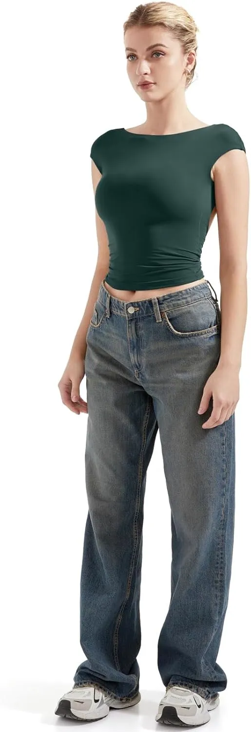 SUUKSESS Women Backless Sexy Going Out Tops Double Lined Open Back Y2k Basic Tee Shirts