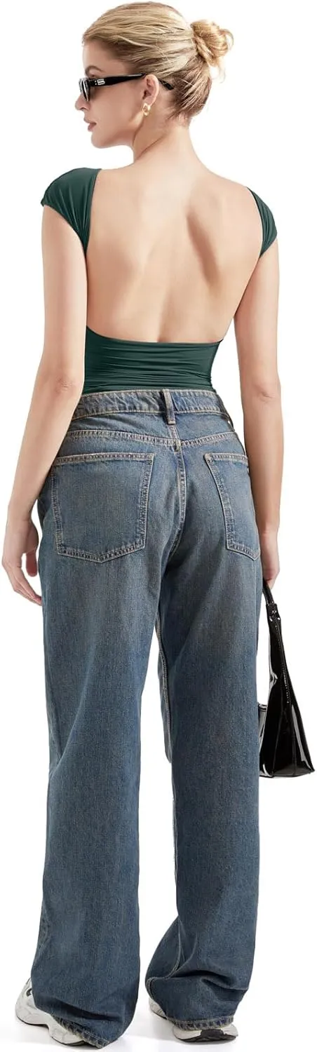 SUUKSESS Women Backless Sexy Going Out Tops Double Lined Open Back Y2k Basic Tee Shirts