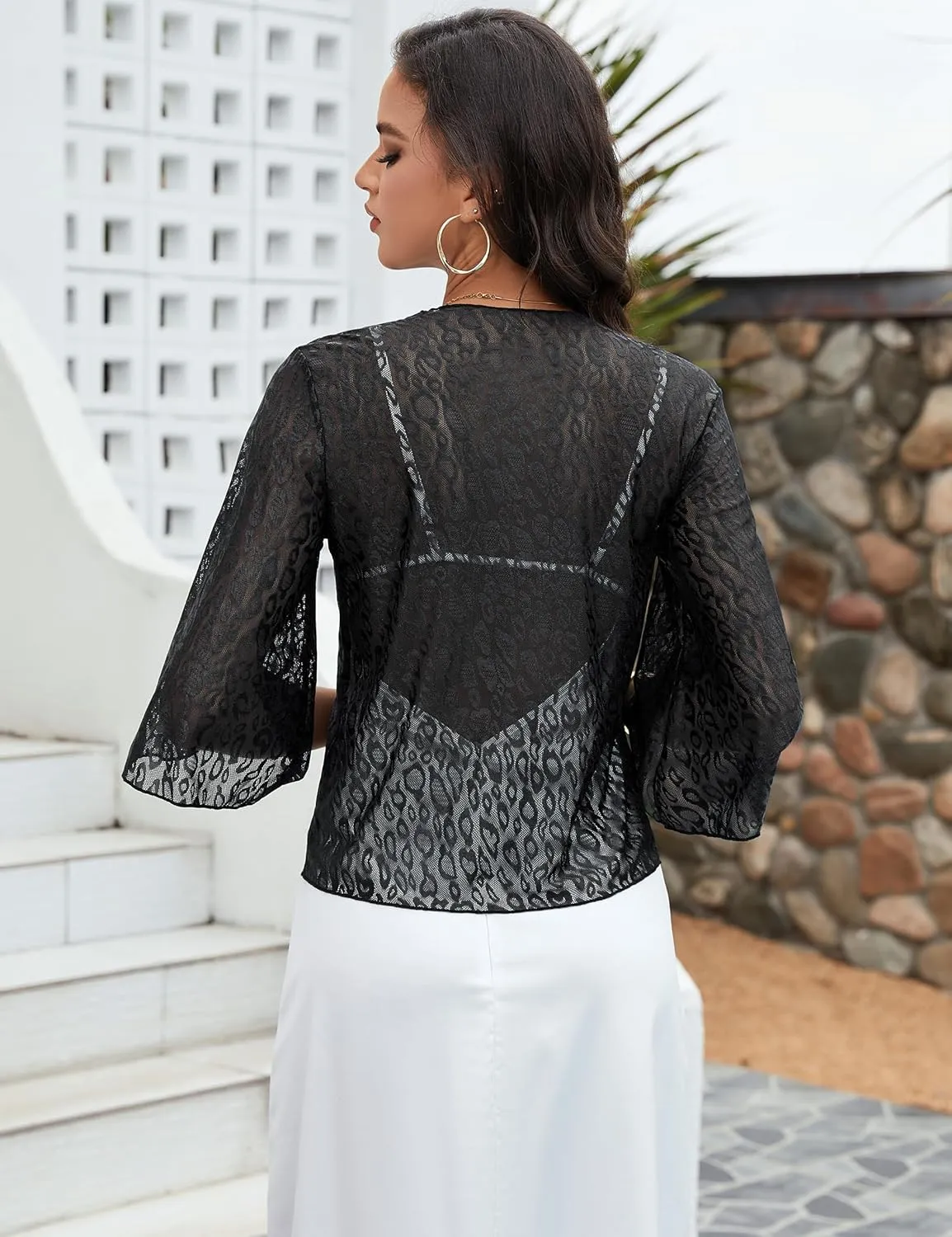 Totatuit Womens Sheer Shrug Tie Front Bell Sleeve Summer Cropped Bolero Cardigan