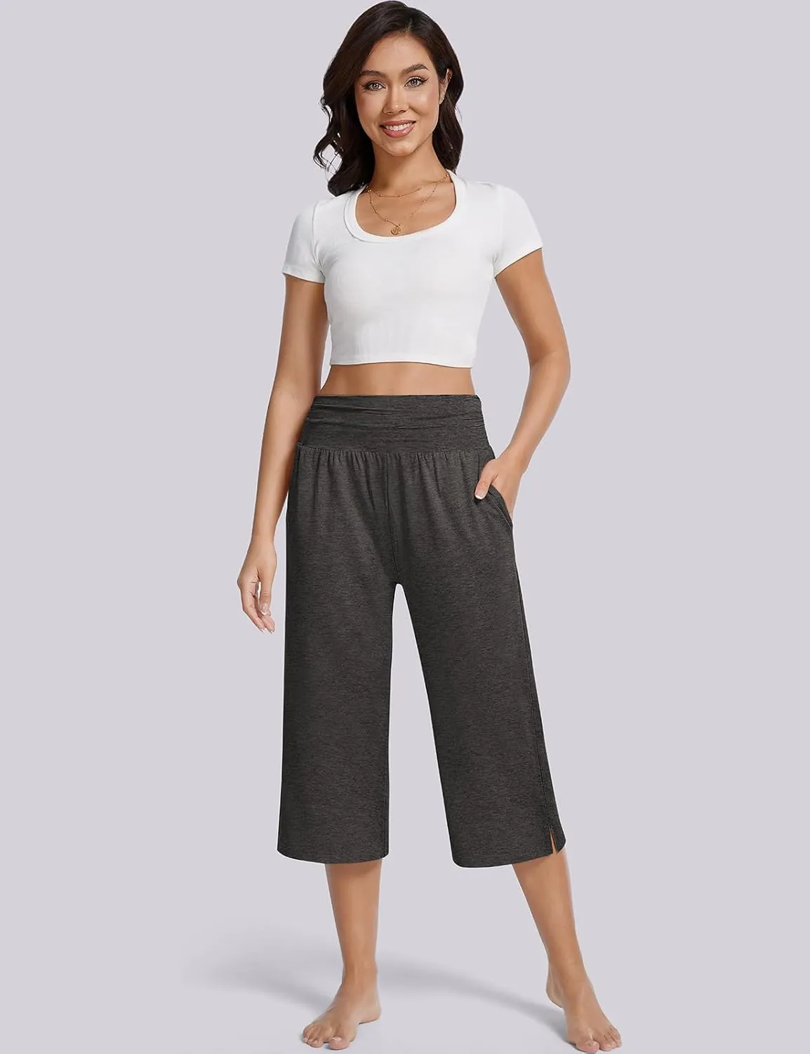 UEU Women's Summer Capris Yoga Pants for Women High Waisted Casual Wide Leg Loose Soft Pajamas with Pockets