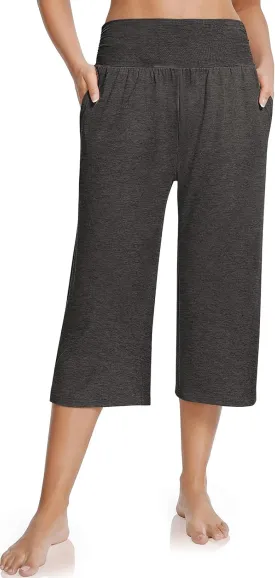 UEU Women's Summer Capris Yoga Pants for Women High Waisted Casual Wide Leg Loose Soft Pajamas with Pockets