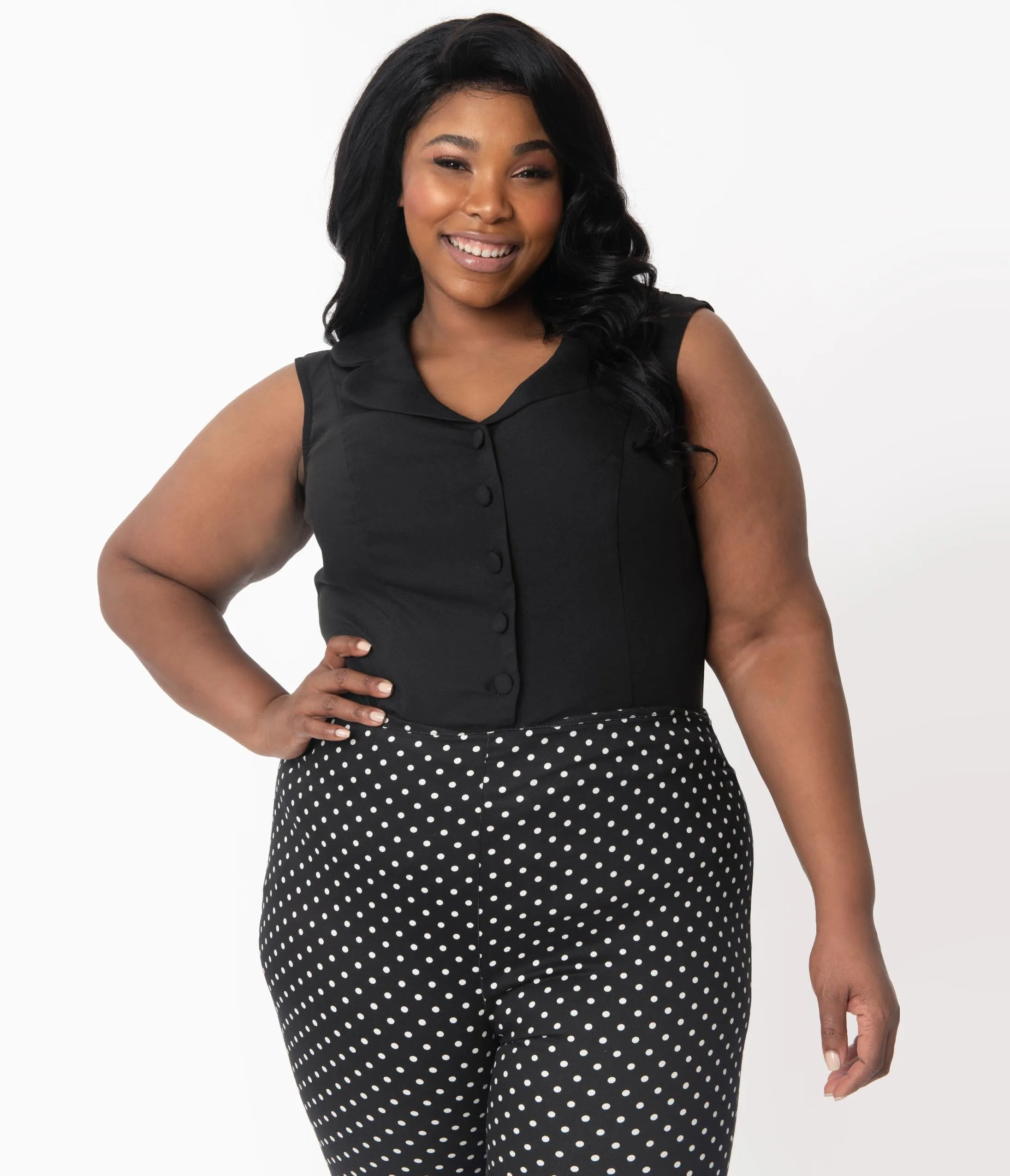 Unique Vintage Plus Size Black Sleeveless Button Up Polly Blouse