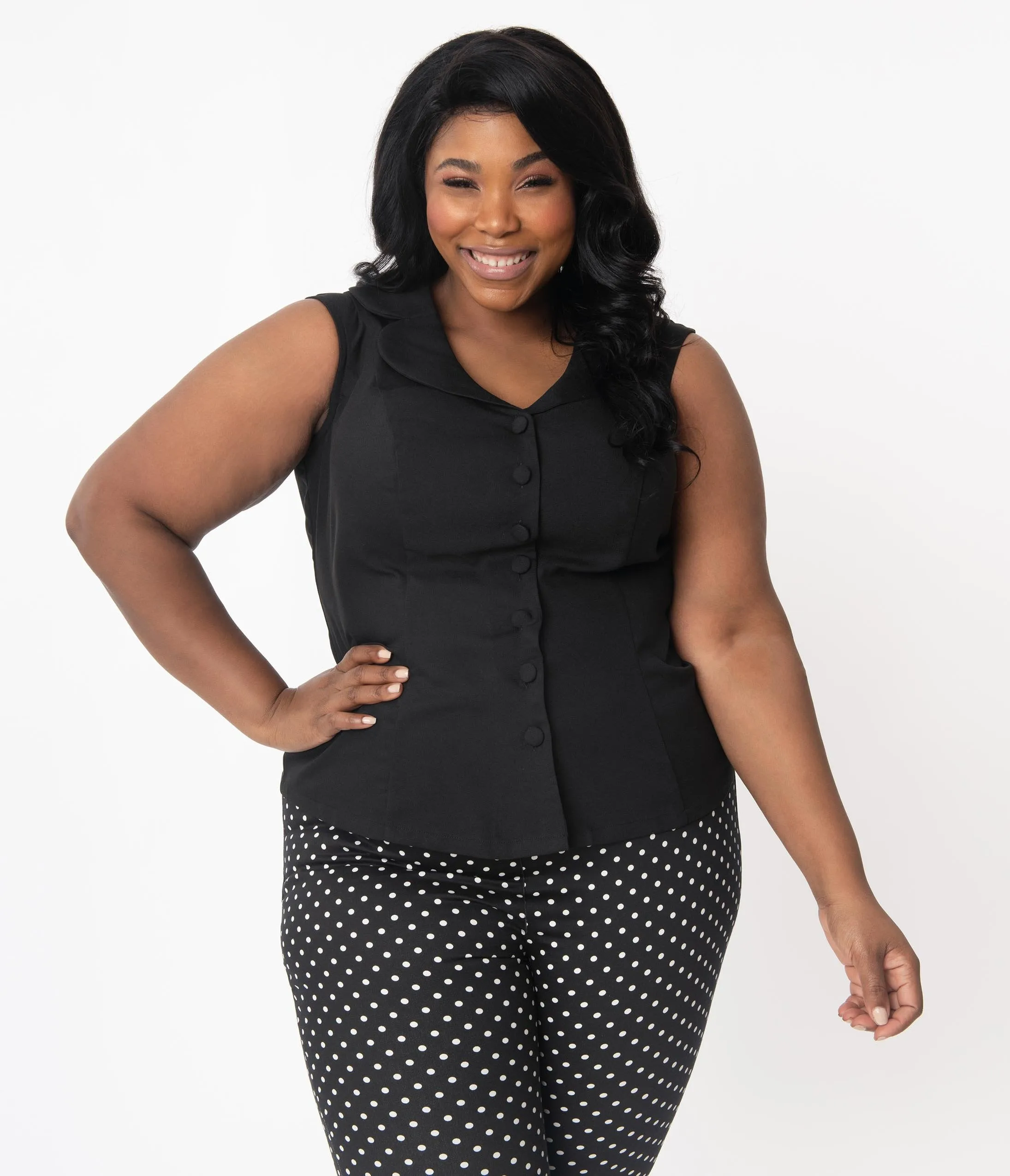 Unique Vintage Plus Size Black Sleeveless Button Up Polly Blouse